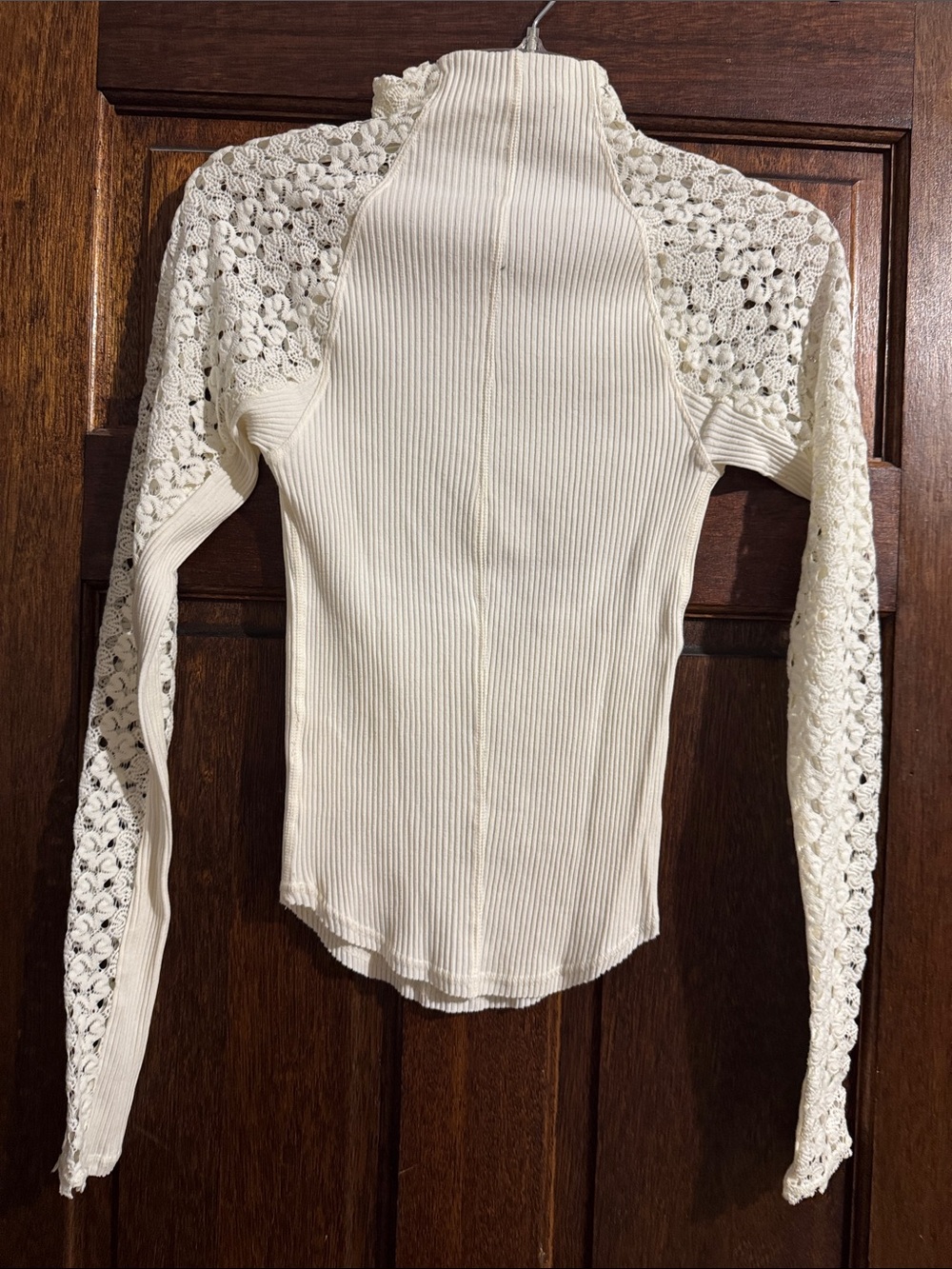 Free People Cream Ribbed Long-Sleeve Top with Crochet Sleeves - Picture 3 of 4